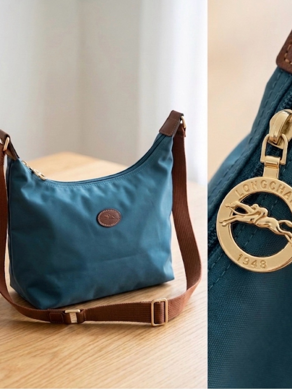 Longchamp Le Pliage Nylon Crossbody Hobo Bag Ocean Blue Messenger